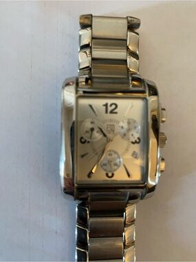 Men's Silver Rectangular Stainless Steel Chronograph Watch